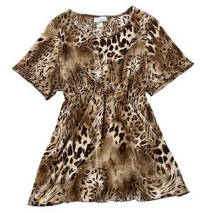 Dressbarn Leopard Print Top Woman 1X Brown Plisse Sequin Short Sleeve Blouse